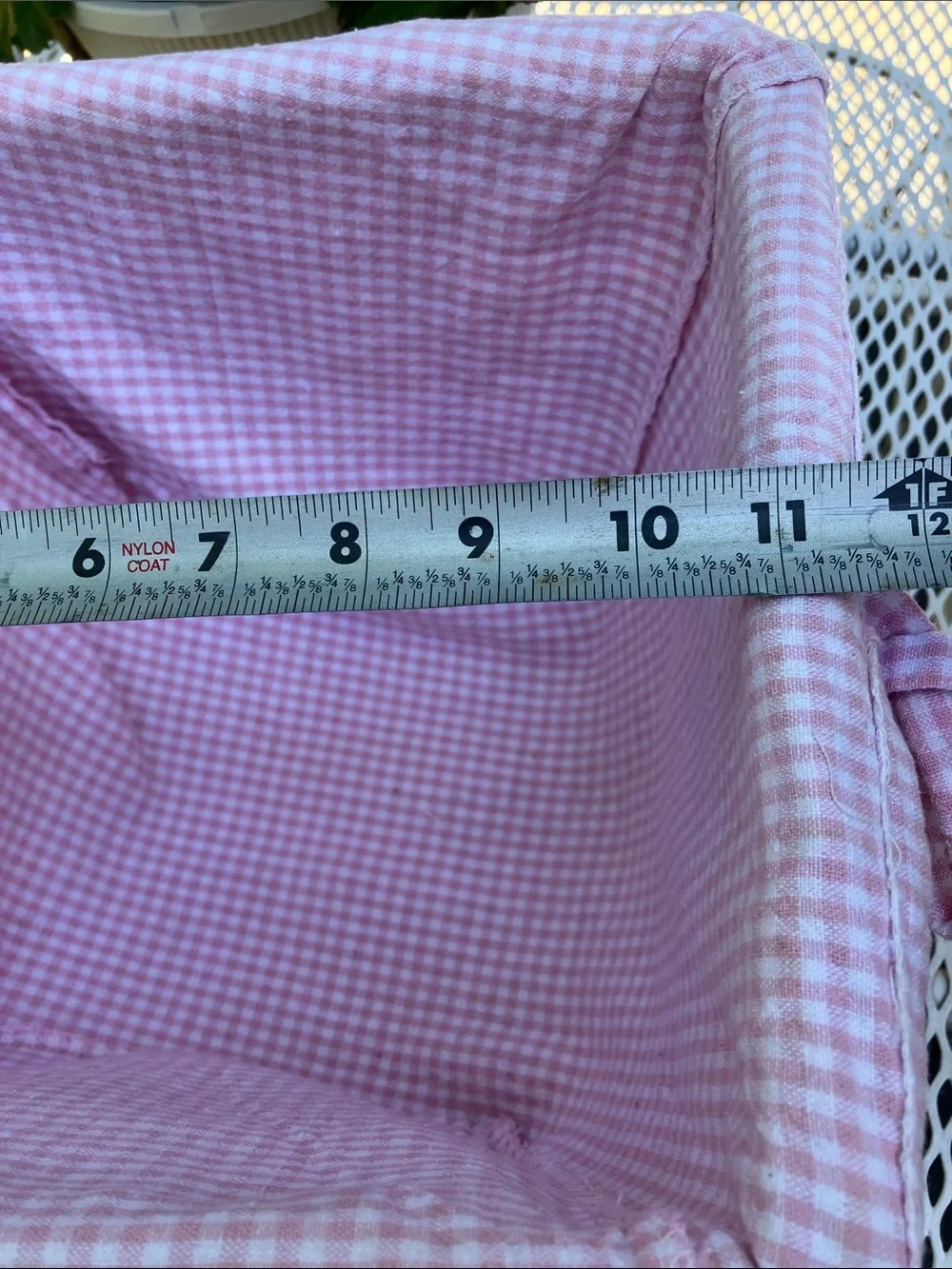 White Wicker Basket With Cotton Lining in Pink Gingham Pattern With Ties